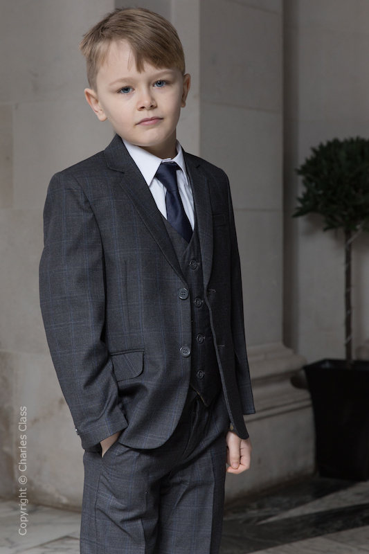 Boys Charcoal Grey Check Jacket Suit - Connor