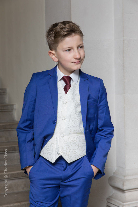 Boys Electric Blue & Ivory Suit with Burgundy Tie - Bradley