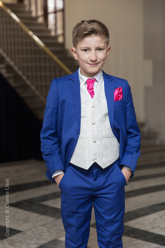 Boys Electric Blue & Ivory Suit with Hot Pink Cravat Set - Bradley
