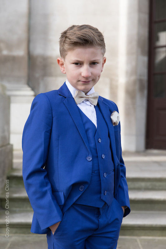 Boys Electric Blue Suit with Champagne Bow & Hankie - Barclay