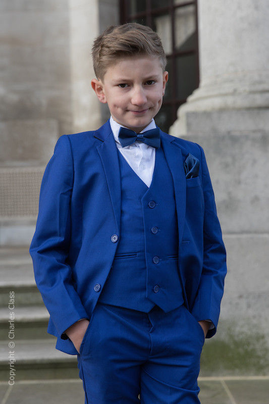 Boys Electric Blue Suit with Navy Bow & Hankie - Barclay