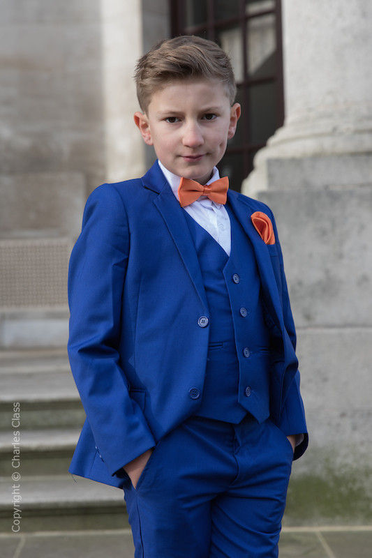 Boys Electric Blue Suit with Orange Bow & Hankie - Barclay