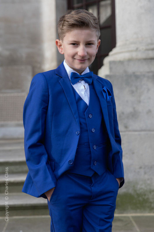 Boys Electric Blue Suit with Royal Bow & Hankie - Barclay