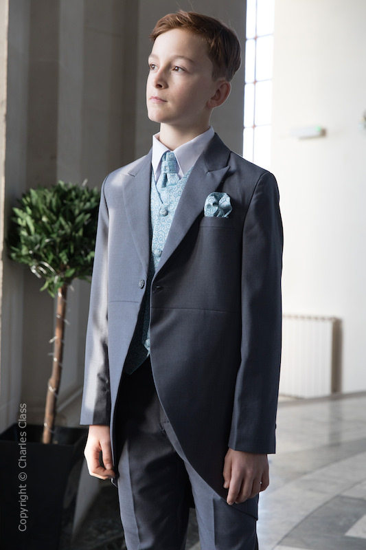 Boys Grey & Blue Scroll Tail Coat Suit - Melvin