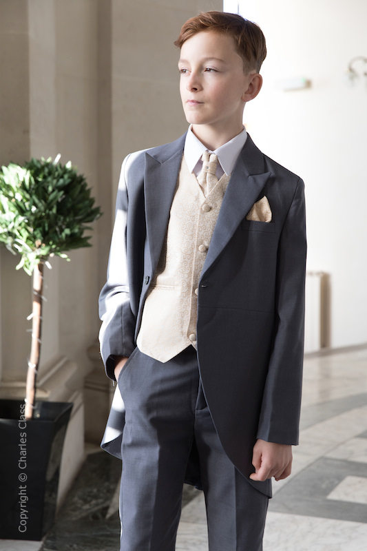 Boys Grey & Champagne Scroll Tail Coat Suit - Melvin