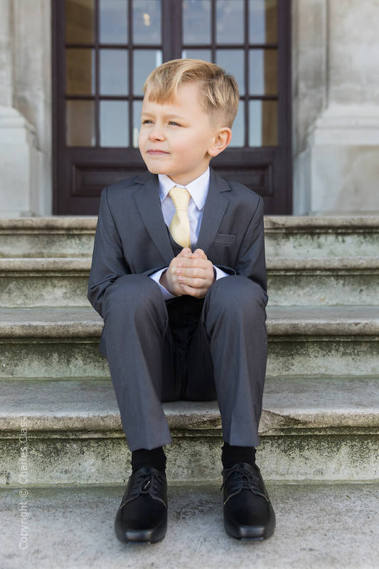 Boys Grey Jacket Suit with Gold Satin Tie - Oscar