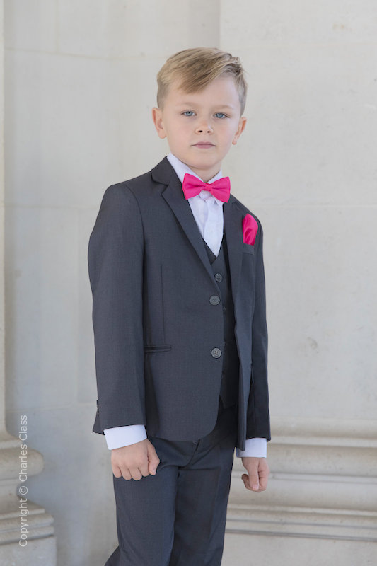 Boys Grey Jacket Suit with Hot Pink Bow & Hankie - Oscar