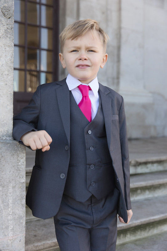 Boys Mid Grey Wedding Suit Boys Suit with Hot Pink Bow Tie Set