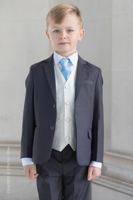 Boys Grey & Ivory Suit with Sky Blue Tie - Oliver