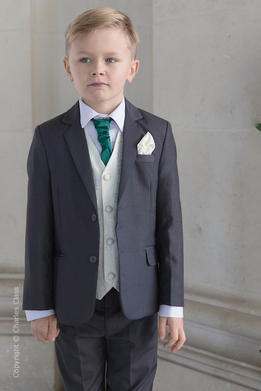 Boys Grey & Ivory Suit with Bottle Green Cravat - Oliver