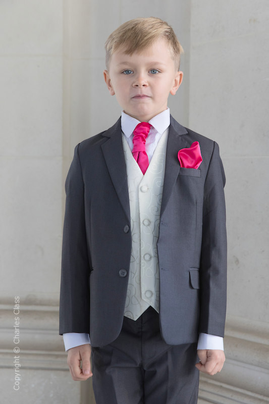 Boys Grey & Ivory Suit with Hot Pink Cravat Set - Oliver