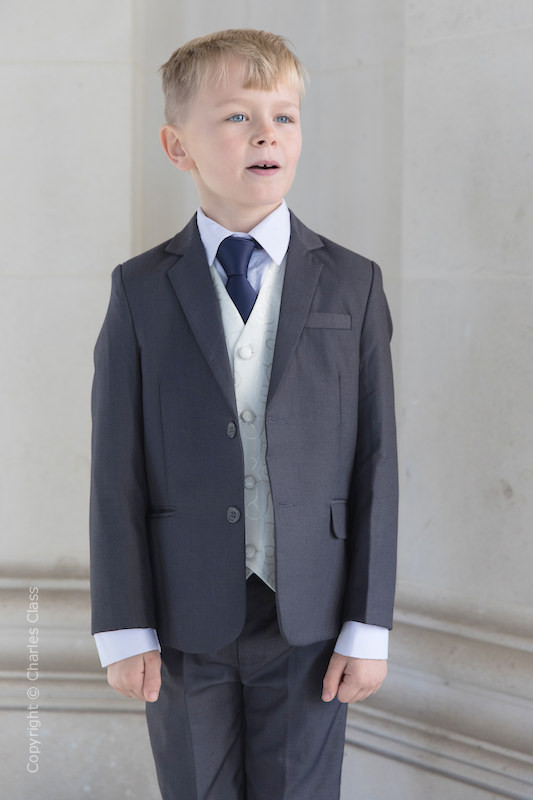 Boys Grey & Ivory Suit with Navy Tie - Oliver