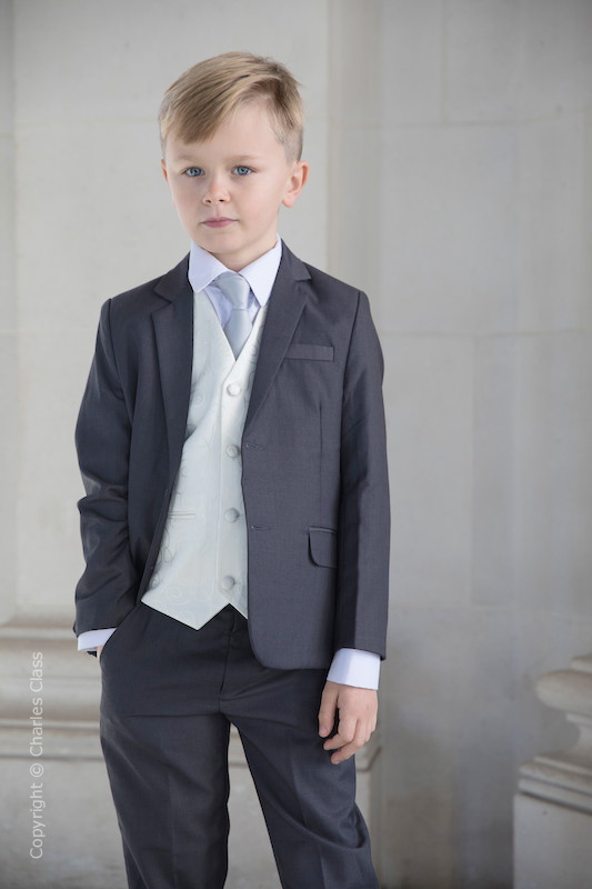 Boys Grey & Ivory Suit with Silver Tie - Oliver