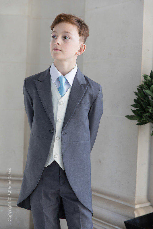 Boys Grey & Ivory Tail Suit with Sky Blue Tie - Melvin