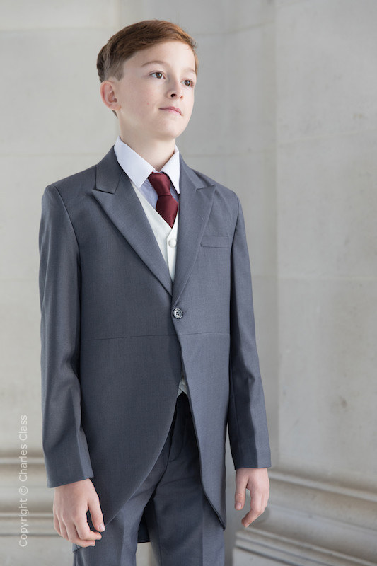 Boys Grey & Ivory Tail Suit with Burgundy Tie - Melvin