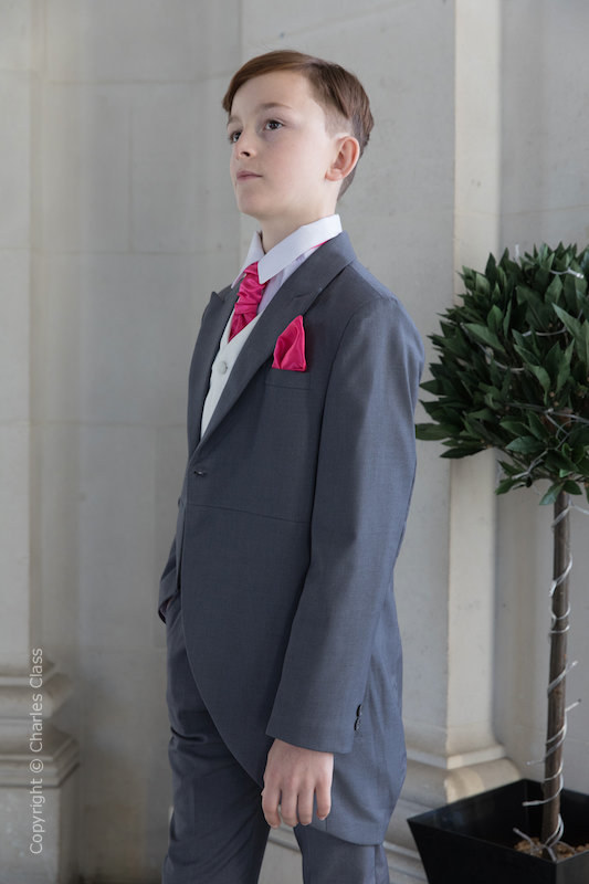 Boys Grey & Ivory Tail Suit with Hot Pink Cravat Set - Melvin