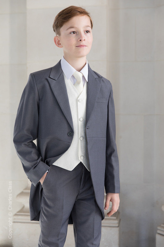 Boys Grey & Ivory Tail Suit with Ivory Tie - Melvin