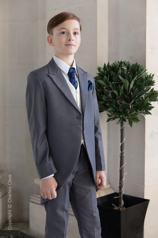 Boys Grey & Ivory Tail Suit with Navy Cravat Set - Melvin