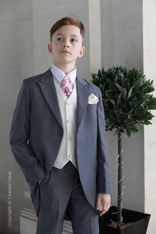 Boys Grey & Ivory Tail Suit with Baby Pink Cravat - Melvin