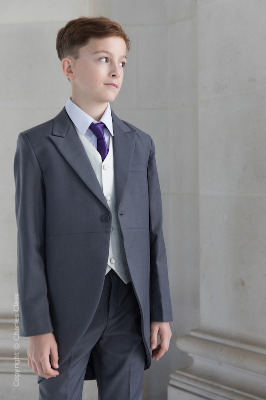 Boys Grey & Ivory Tail Suit with Purple Tie - Melvin
