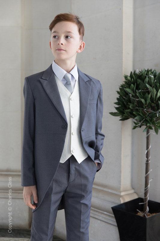 Boys 5pc Tailcoat Morning Suit Wedding Formal Suits 3 Colours Black Cream Grey 