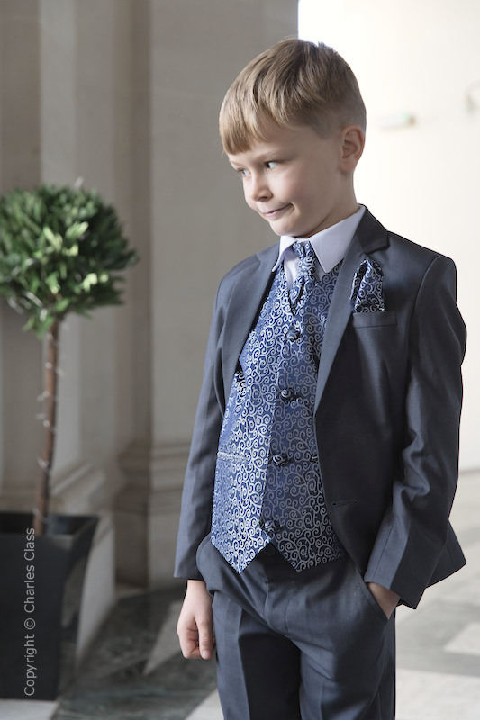 Boys Grey & Navy Scroll Jacket Suit - Oliver