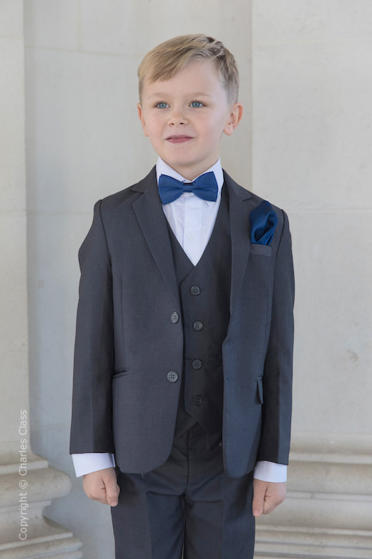 Boys Grey Jacket Suit with Navy Bow & Hankie - Oscar