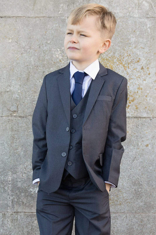 Boys Grey Jacket Suit with Navy Satin Tie - Oscar