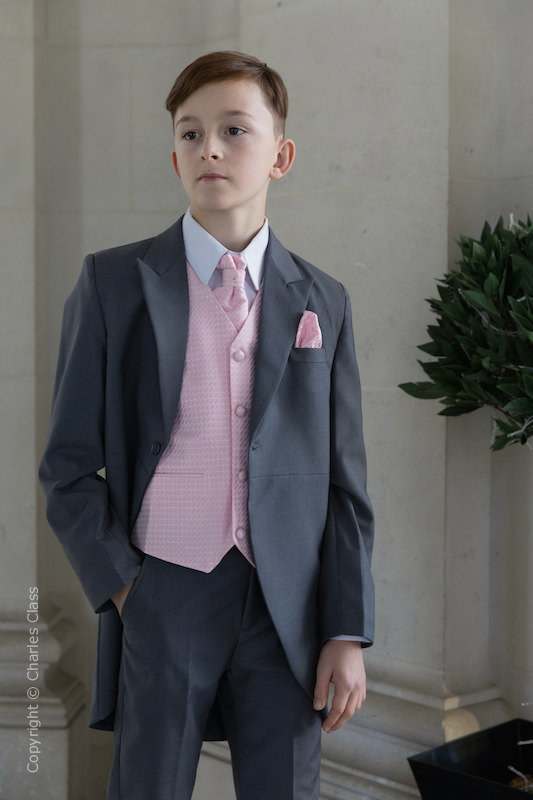 Boys Grey & Pink Diamond Tail Coat Suit - Edwin