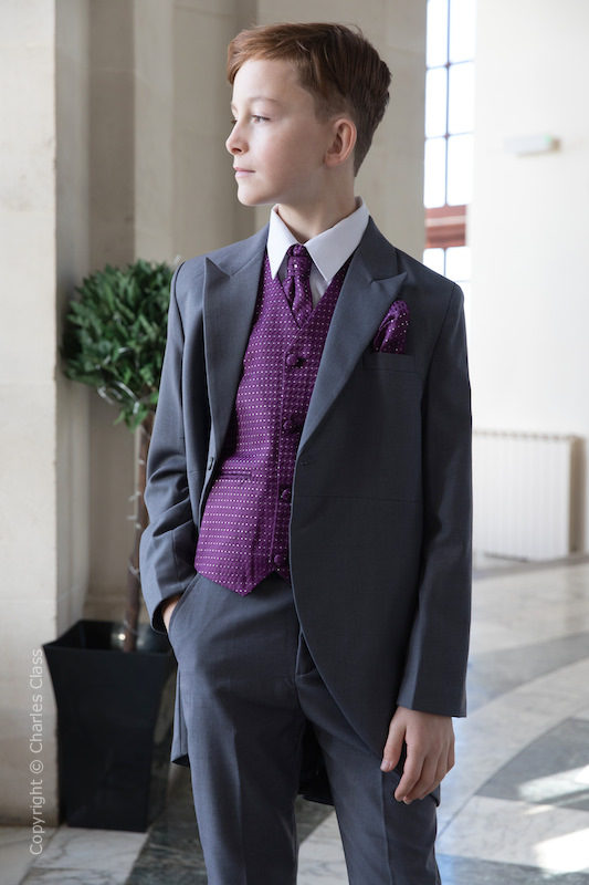 Boys Grey & Purple Diamond Tail Coat Suit - Edwin
