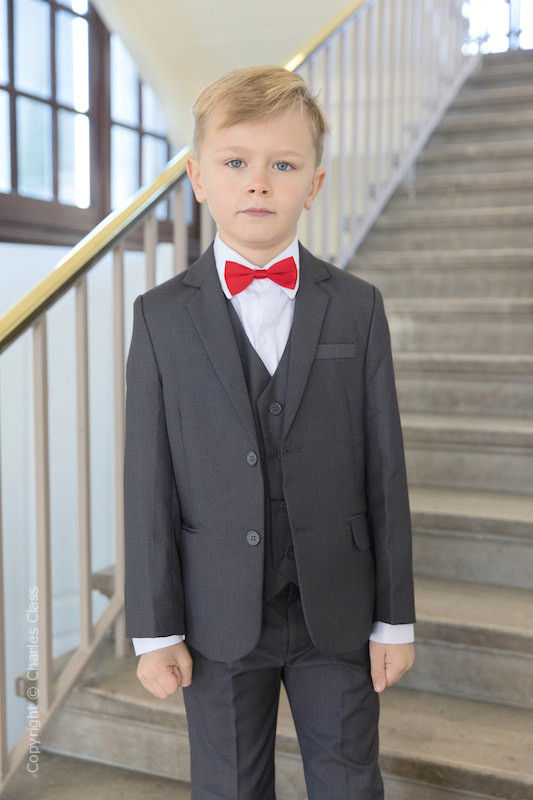 Boys Grey Jacket Suit with Red Dickie Bow - Oscar