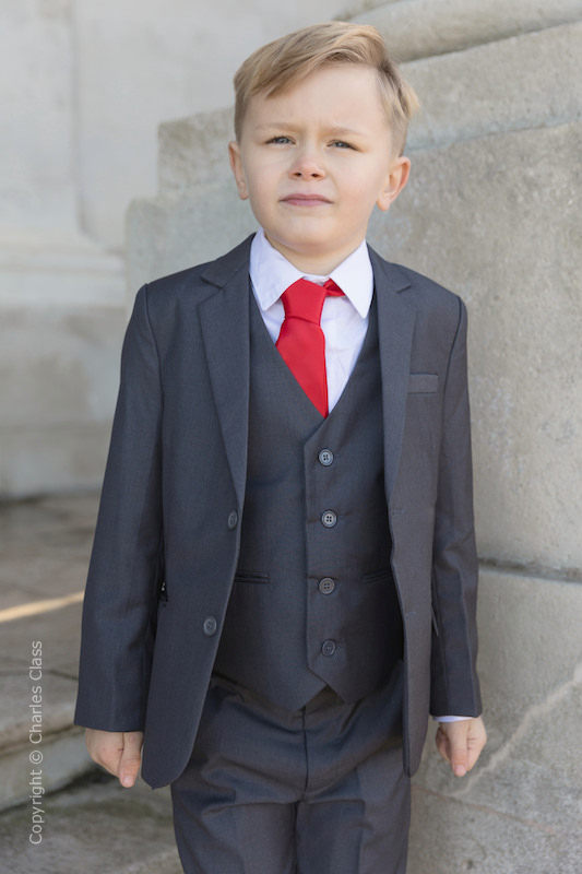 Boys Mid Grey Wedding Suit with Silver Satin Tie Boys Wedding Suit