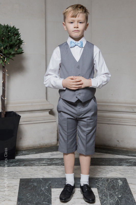 Boys Light Grey Wedding Suit with Sky Blue Dickie Bow Boys Wedding Suit