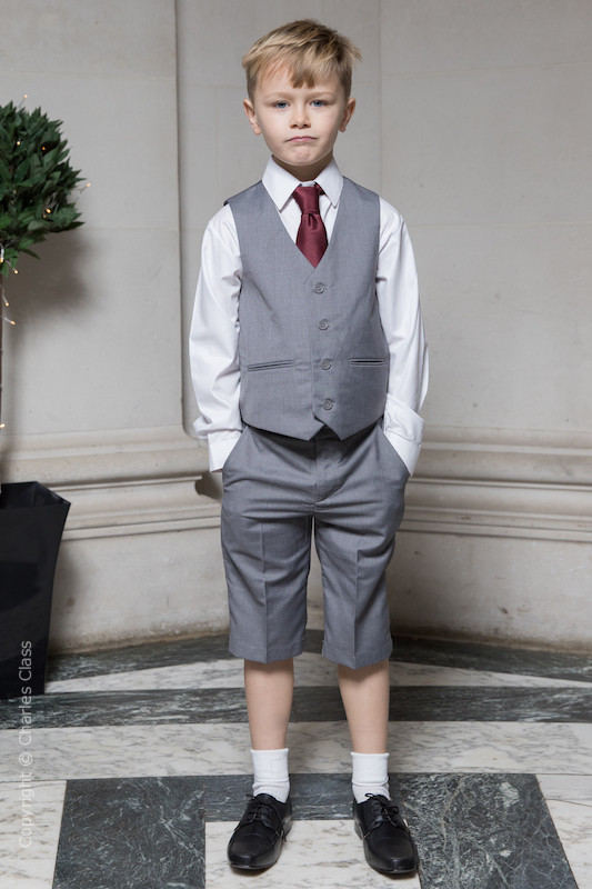 Boys Light Grey Shorts Suit with Burgundy Tie - Harry