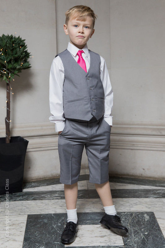 Boys Light Grey Shorts Suit with Hot Pink Tie - Harry