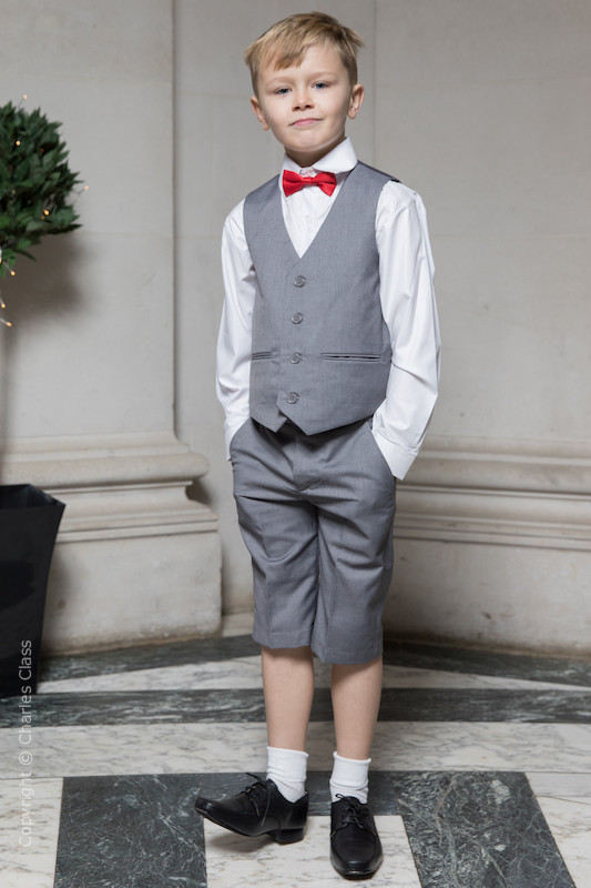 Boys Light Grey Shorts Suit with Red Dickie Bow - Harry