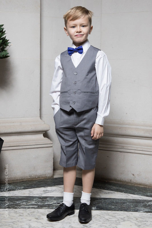 Boys Light Grey Shorts Summer Wedding Suit with Sky Blue Dickie Bow