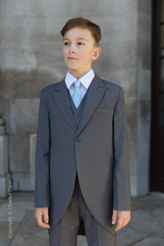 Boys Grey Tail Coat Suit with Sky Blue Tie - Earl