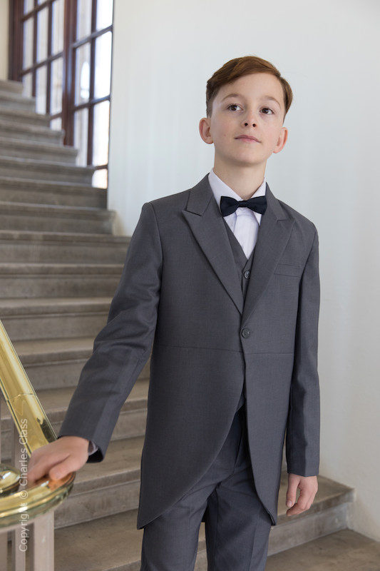 Boys Grey Tail Coat Suit with Black Bow Tie - Earl