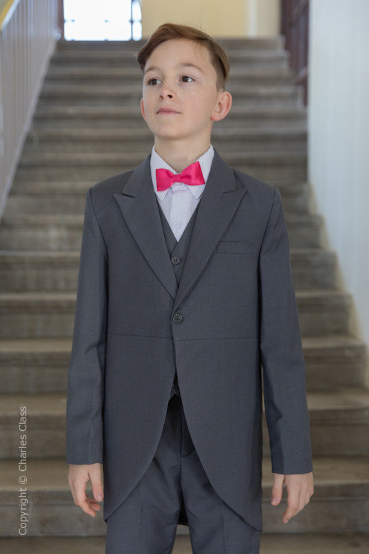 Boys Grey Tail Coat Suit with Hot Pink Bow Tie - Earl
