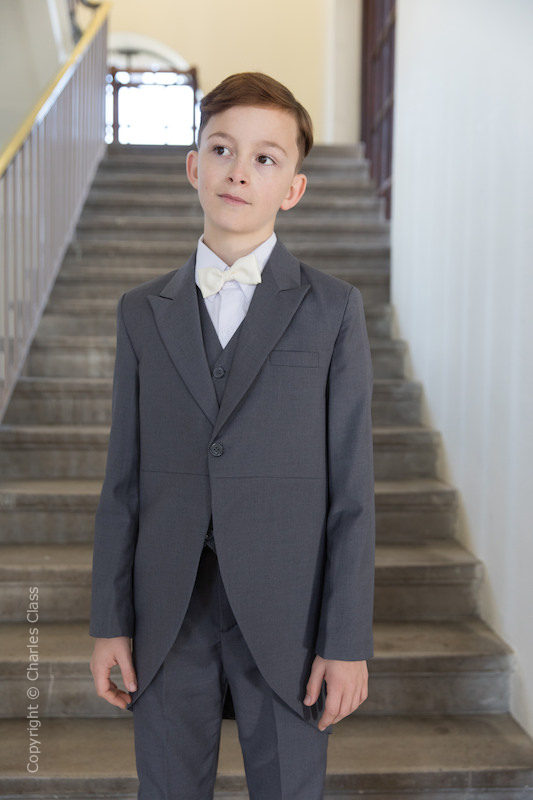 Boys Grey Tail Coat Suit with Ivory Bow Tie - Earl