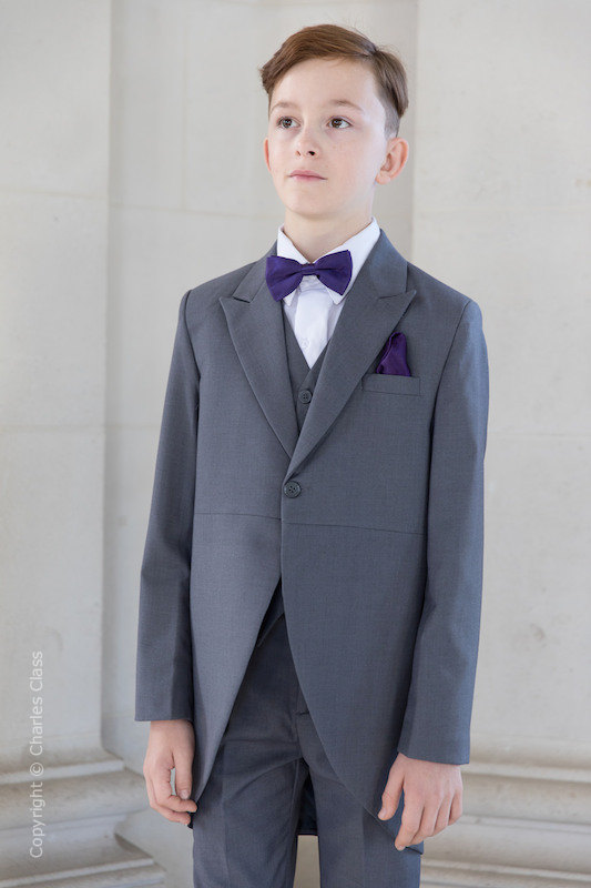 Boys Grey Tail Coat Suit with Purple Dickie Bow Set - Earl