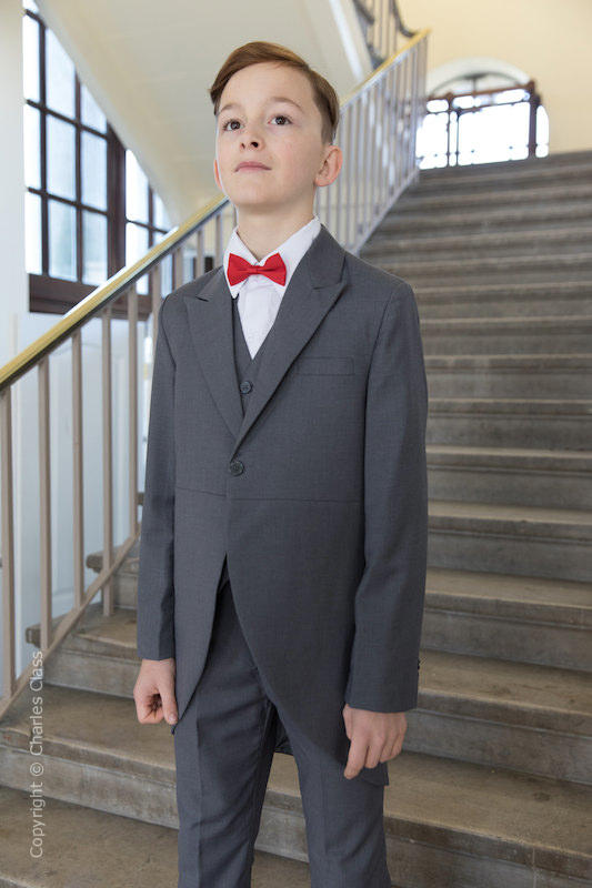 Boys Grey Tail Coat Suit with Red Bow Tie - Earl