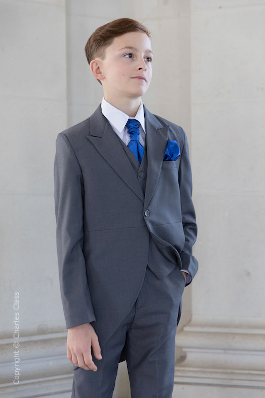 Boys Grey Tail Coat Suit with Royal Blue Cravat Set - Earl