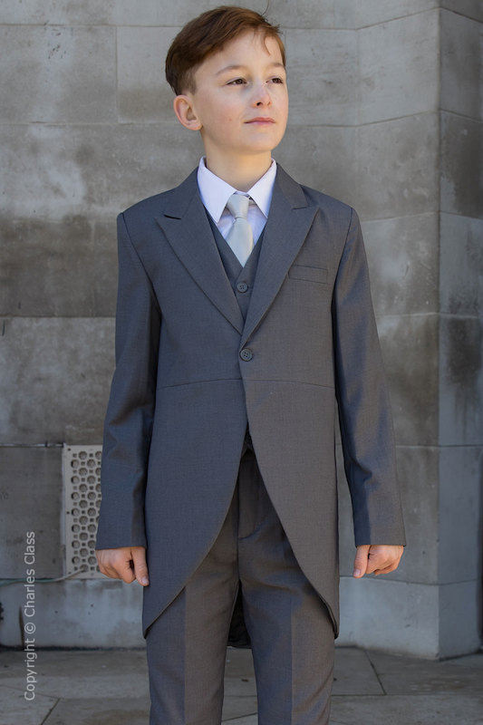 Boys Grey Tail Coat Suit with Silver Tie - Earl