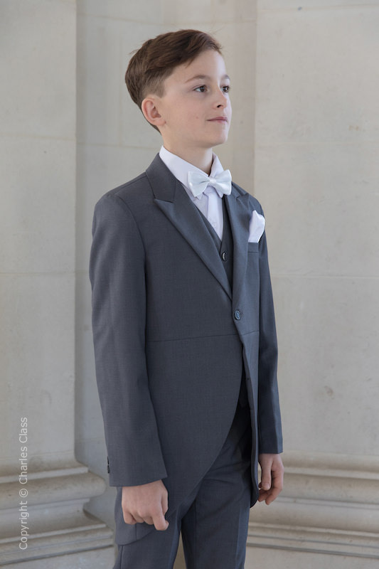 Boys Grey Tail Coat Suit with White Dickie Bow Set - Earl