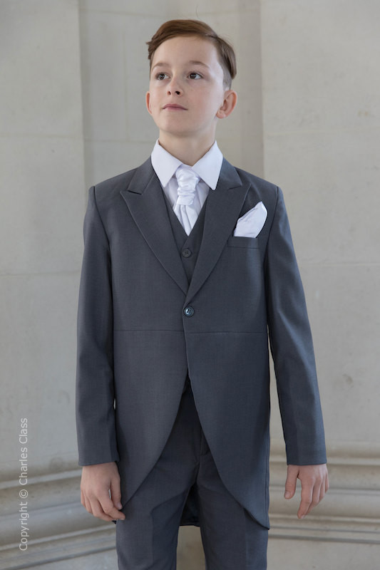 Boys Grey Tail Coat Suit with White Cravat Set - Earl