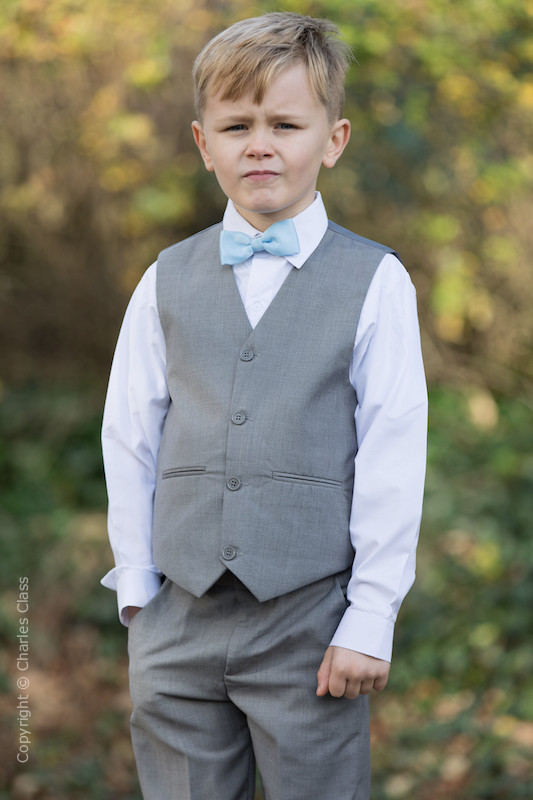 Boys Light Grey Trouser Suit with Sky Blue Dickie Bow - Thomas