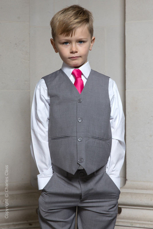 Boys Light Grey Trouser Suit with Hot Pink Tie - Thomas
