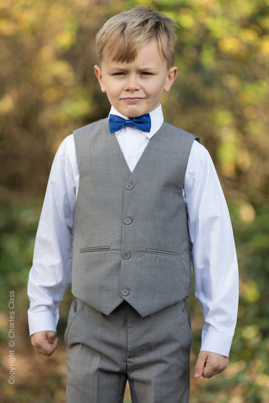Boys Light Grey Trouser Suit with Royal Blue Dickie Bow - Thomas